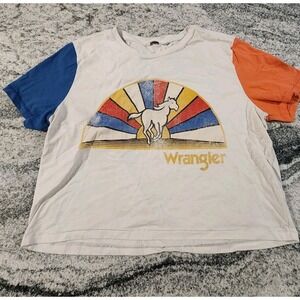 WRANGLER HORSE SHIRT WOMENS LARGE COLORBLOCK WHITE BLUE ORANGE GRAPHIC WESTERN
